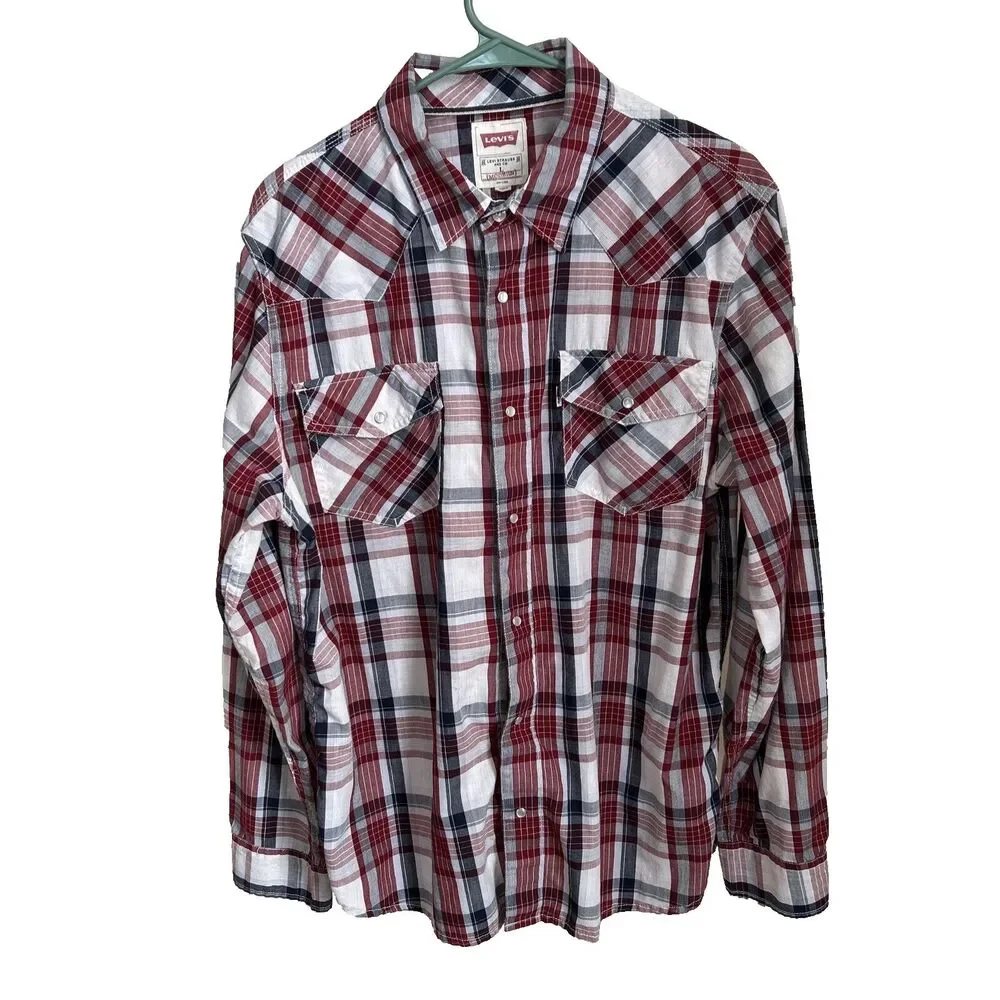 🔥VTG‎ LEVI'S LONG SLEEVE BUTTON-UP PEARL SNAP PLAID MEN'S SHIRT, VGC, SZ LARGE